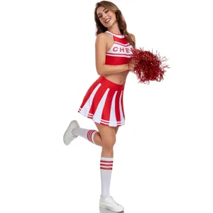 Sexy red white cheerleader costume crop top pleated skirt pom pom stage performance outfit