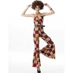 70er Retro Disco Halter Jumpsuit Kostüm mit Patchwork Muster für Party Cosplay.