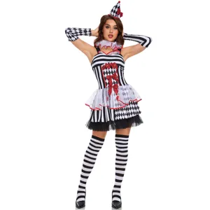 Vista detallada del conjunto de disfraz de cosplay de payaso a cuadros en blanco y negro para mujer.