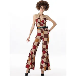 Retro 70er Jahre Disco Koenigin Kostuem fuer Damen Vintage Flicken Overall Halloween Party