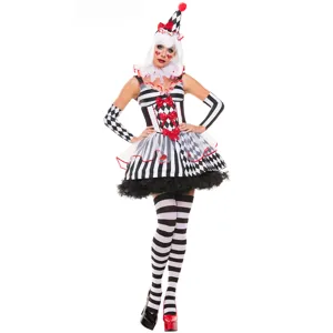 Disfraz de Payaso Arlequín para Mujer Negro Blanco Cuadros Cosplay Traje Vestido Fiesta Halloween