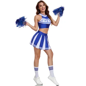 Cheerleader costume detail view showcasing blue white top skirt and matching pom poms set.