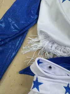 Close-up detail of blue and white cheerleader costume with star pattern and white fringe.