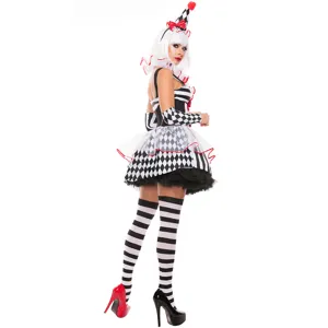 Disfraz de payaso arlequín a cuadros negro y blanco para mujer fiesta Halloween cosplay.
