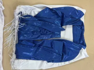 Blue and white cheerleading costume top and skirt with shiny fabric and fringe design.