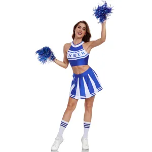 Sexy blue and white cheerleader costume crop top and pleated skirt set for women performance.