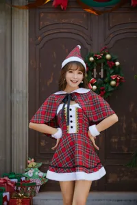 Sexy red plaid Christmas cosplay costume set with cape, dress, hat and cuffs for party.