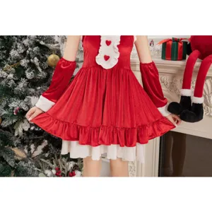 Rotes Samt Weihnachtsparty Kostümkleid mit weißen Rüschen und süßen Herzen für Damen.