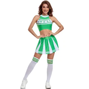 Cheerleader costume detail shot, green and white crop top with pleated skirt and socks.