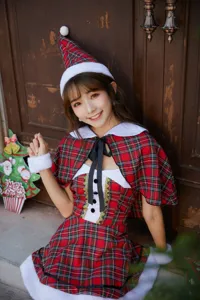 Sexy Christmas cosplay costume set with red plaid dress, cape and hat for holiday party.