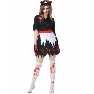 Costume da Infermiera Insanguinata di Halloween per Donna Set Cosplay Vampiro Zombie Con Vestito Copricapo Guanti Calze Carnevale Horror