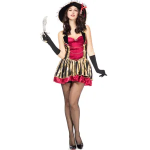 Women Gothic Pirate Captain Costume Halloween Roleplay Sailor Dress Set With Hat Gloves For Party Carnival Masquerade