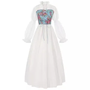 Medieval vintage court long sleeve dress with blue floral corset lace-up design for women.