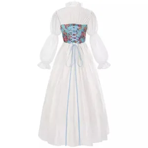 Medieval Renaissance Victorian dress with blue floral corset lace-up details for women