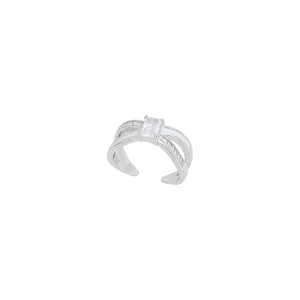 Anello incrociato in argento con pietra centrale taglio smeraldo e zirconi, vista principale.