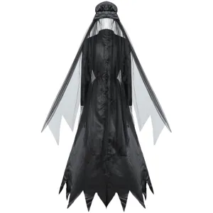 Black Halloween ghost bride costume, witch cosplay dress with veil for women and party events.