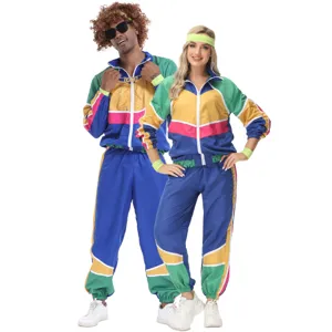 Disfraz de Disco Unisex de los años 80 y 90 Chándal de Rendimiento de Bloques de Color Retro Hip Hop Jogging Top Y Pantalón Para Fiesta de Festival de Música