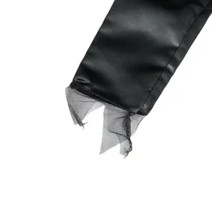 Halloween costume black satin and ragged mesh sleeve detail, spooky witch ghost dress trim.