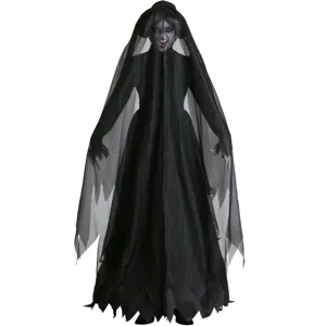 Spooky Halloween ghost bride costume with black veil and dress, perfect for cosplay parties.