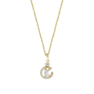 Französischer Stil Stern Mond Zirkon Titan Stahl Anhänger Halskette elegante Damen Kette