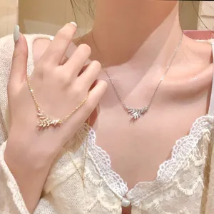 Delicate wheat leaf pavé rhinestone necklace and bracelet set, French chic elegant jewelry.