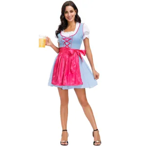 Γυναικεία Παραδοσιακή Βαυαρική Στολή Dirndl Oktoberfest Φόρεμα Σερβιτόρας Μπίρας Ροζ Ποδιά για Παράσταση Halloween
