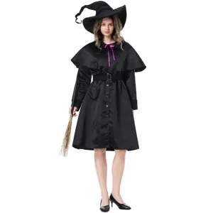 Halloween witch costume set featuring black cape dress, pointy hat and prop broom for cosplay.