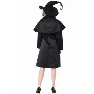 Detailed view of the black witch costume back design, featuring cape and pointed hat.