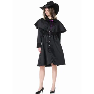 Women Halloween black witch costume dress set with elegant cape and pointy hat for cosplay.