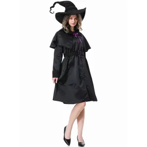 Detailed view of women black witch costume with cape and hat for halloween cosplay party.
