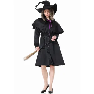 Detailed view of the black witch costume featuring a pointed hat and classic cape design.