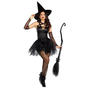 Women Sexy Black Witch Costume Set With Pointed Hat And Dress For Halloween Cosplay Masquerade Party Performance Apparel