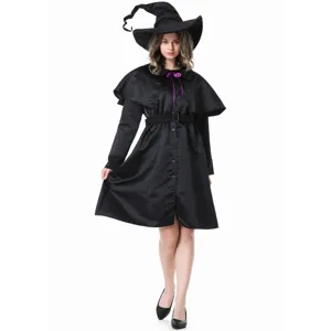 Detailed view of the black witch costume cape and dress details for Halloween cosplay events.