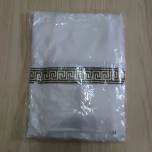 Men Greek Roman warrior costume detail, white medieval outfit with Greek key pattern, size M.