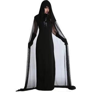 Costume de Mariée Vampire Sorcière Halloween Mascarade Gothique Robe Maxi à Capuche Cape en Maille Gants Femmes Cosplay