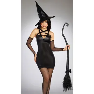 Sexy Halloween witch costume for women, black dress with hat, gloves, and fishnet.