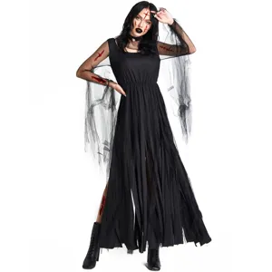 Women's Gothic Black Ghost Bride Cosplay Dress Adult Scary Vampire Outfit Halloween Tulle Zombie Costume With Neck Ring Party Wear