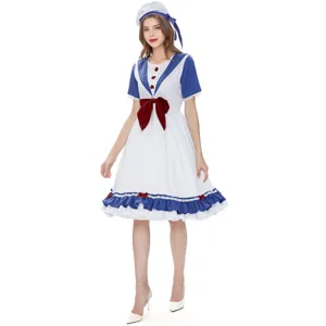 Detailed view of the women's sailor costume, featuring blue and white dress with cute red bows.