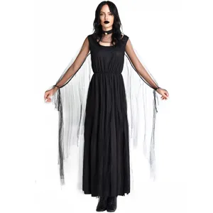 Gothic black Halloween costume long dress, vampire witch cosplay outfit with mesh sleeves.