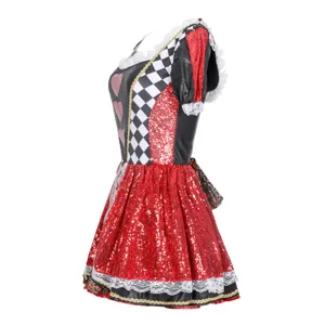 Queen of Hearts cosplay costume detail showing red sequin dress, black white checkerboard pattern.
