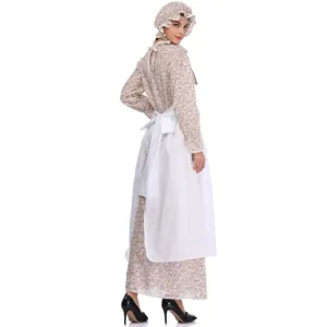 Vista di dettaglio abito costume floreale vintage con grembiule bianco per cosplay.