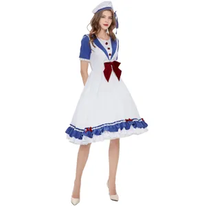 Detail shot of the blue and white sailor cosplay dress with red bow and cute hat for party wear.