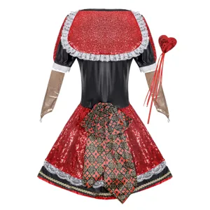 Queen of hearts costume for women halloween cosplay party dress red sequin outfit with heart wand.