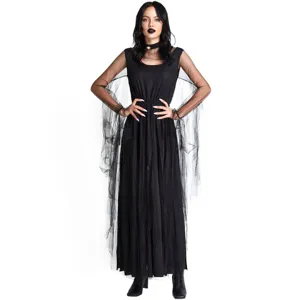 Gothic black Halloween cosplay long dress with sheer mesh sleeves for women party costume
