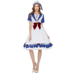 Details of the blue white sailor cosplay dress with big red bow and hat for women costume.
