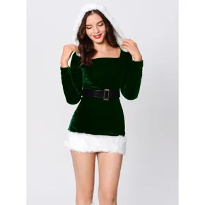 Green velvet Christmas costume detail with fluffy white hood and elegant black belt.