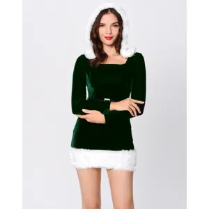 Green velvet Christmas dress costume with white faux fur hood for holiday party cosplay wear