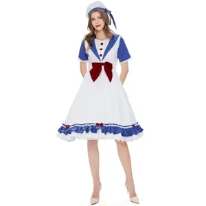 Women sailor cosplay costume party dress with cute hat and bow for Halloween events.