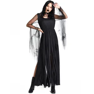 Halloween gothic long black dress costume with sheer mesh sleeves for adult women party.