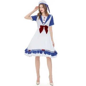 Detail view of the blue and white sailor cosplay dress featuring a cute red bow and matching hat.
